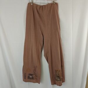 VTG Blue Fish Brown Wide Pants Crop 2 Pockets Elastic Waist FloralOrganic Cotton